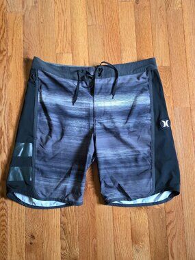 HURLEY Phantom Board Shorts | Men's 31 Waist | Swim Trunks Black Gray Stripes